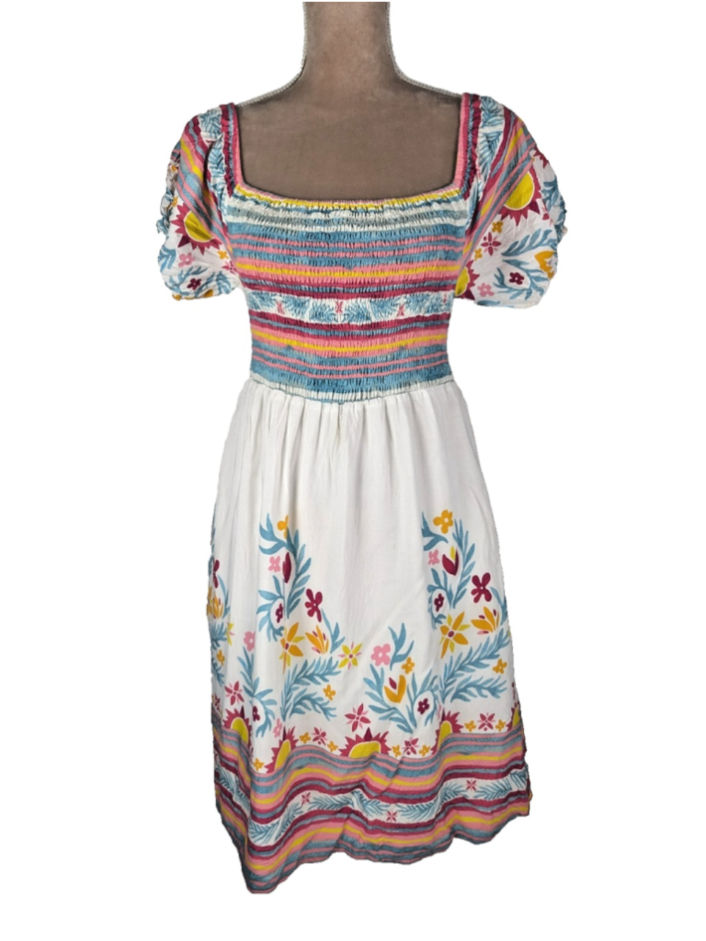 Kenny Flowers Mayakoba Smocked Mini Dress Sz L Peasant Boho Tropical Vacation